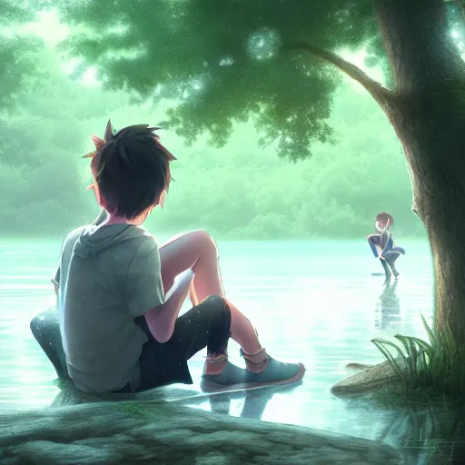 Image similar to a silver dragon and a boy sitting together next to a lake watching firefly at night in forest, concept art, dof, cryengine, digital art, detailed background, makoto shinkai