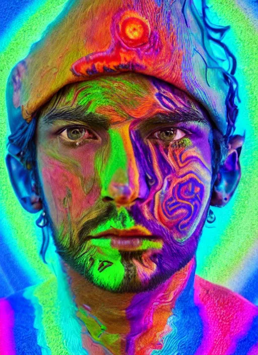 Image similar to full body statue of a psychedelic shaman by Jean-Baptiste Carpeaux and Luo Li Rong and Michael James Talbot, all body, flying in space. perfect symmetrical face, colorful, psychedelic psychedelic psychedelic colors, fresh rainbow bodypainting, synthwave, in full growth, elegant, realistic, 8K, female full-skin figure, hyperrealism, subsurface scattering, raytracing, rim light, Octane Render, Redshift, Zbrush, Zdzisław Beksiński, complex psychedelic glitch background