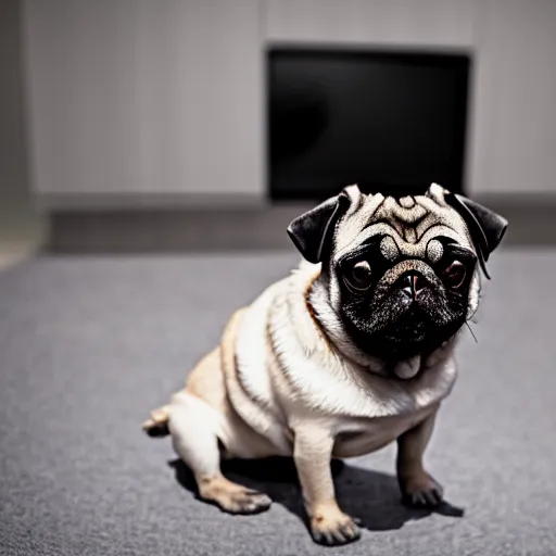 Image similar to film still medium shot a pug wearing a oculus quest vr headset, leica sl 2 5 0 mm, vivid color, high quality, high textured, real life