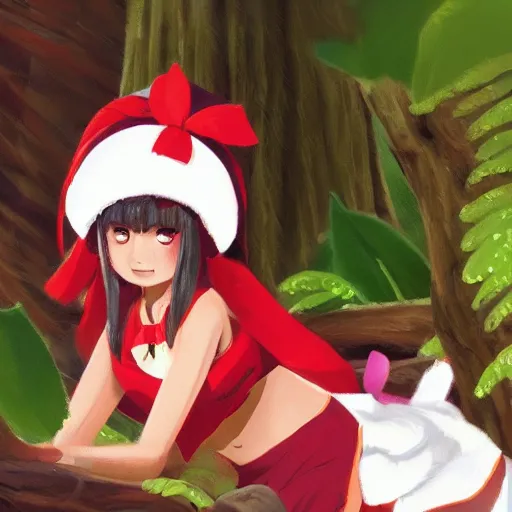 Image similar to a christopher balaskas of reimu in the jungle wearing bonnet