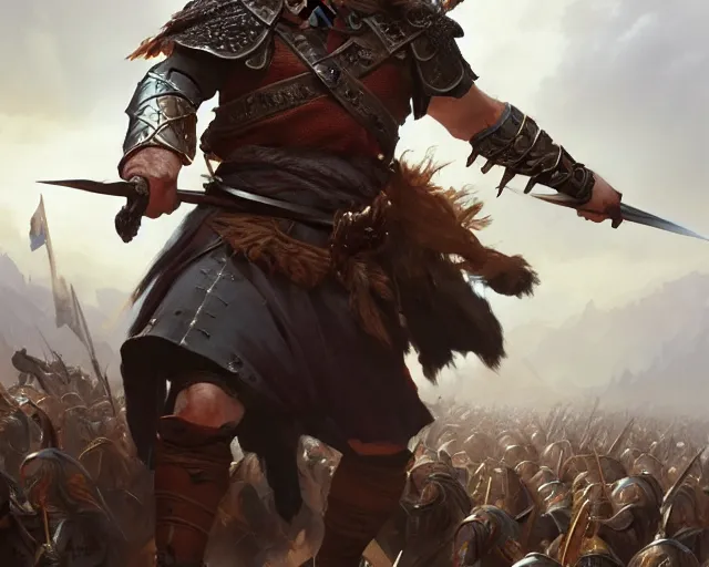 Image similar to william wallace storming the battlefield, deep focus, d & d, fantasy, intricate, elegant, highly detailed, digital painting, artstation, concept art, matte, sharp focus, illustration, hearthstone, art by artgerm and greg rutkowski and alphonse mucha