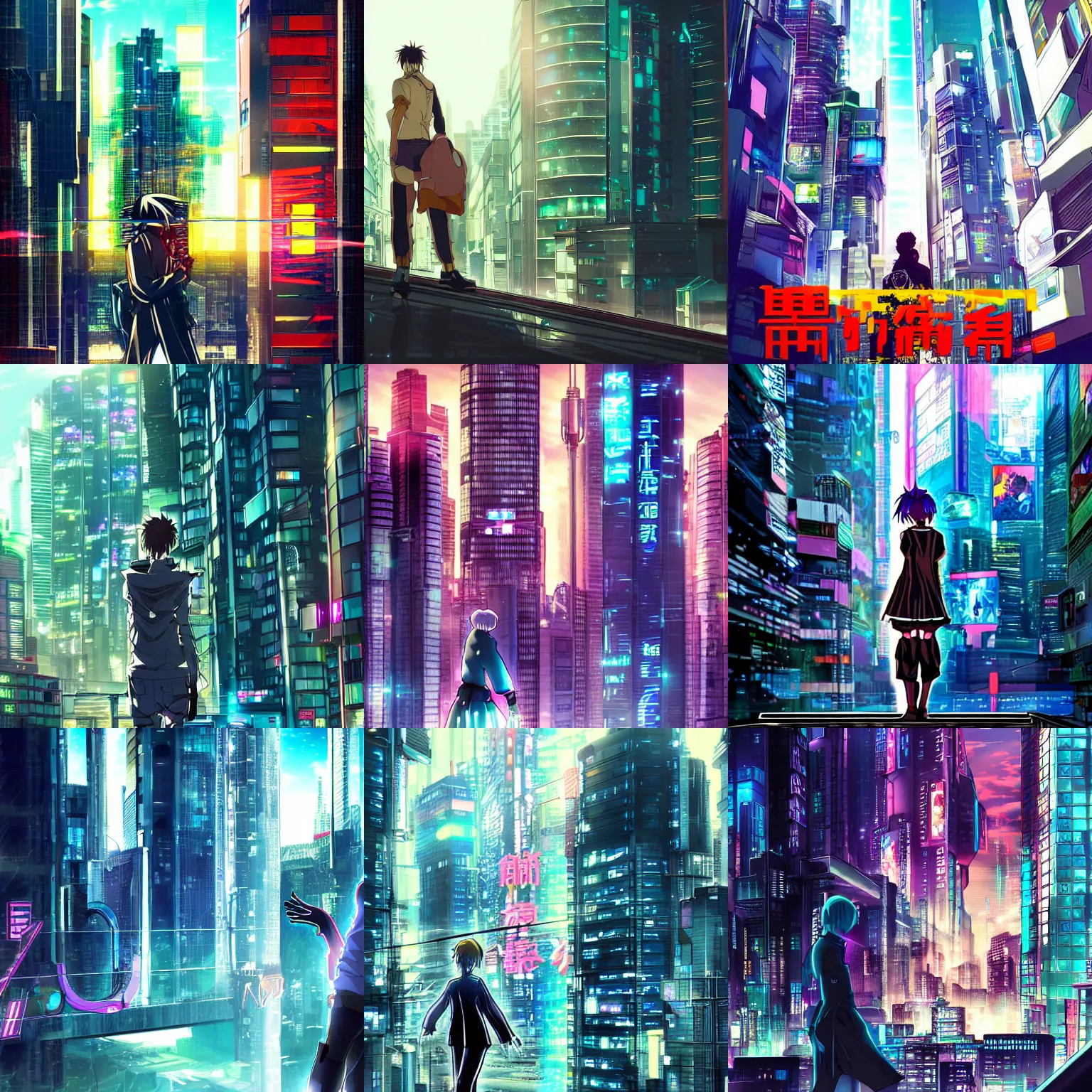 Prompt: anime movie poster of a cyberpunk android falling past a large windowed building that reflects the city around it and the android's reflection