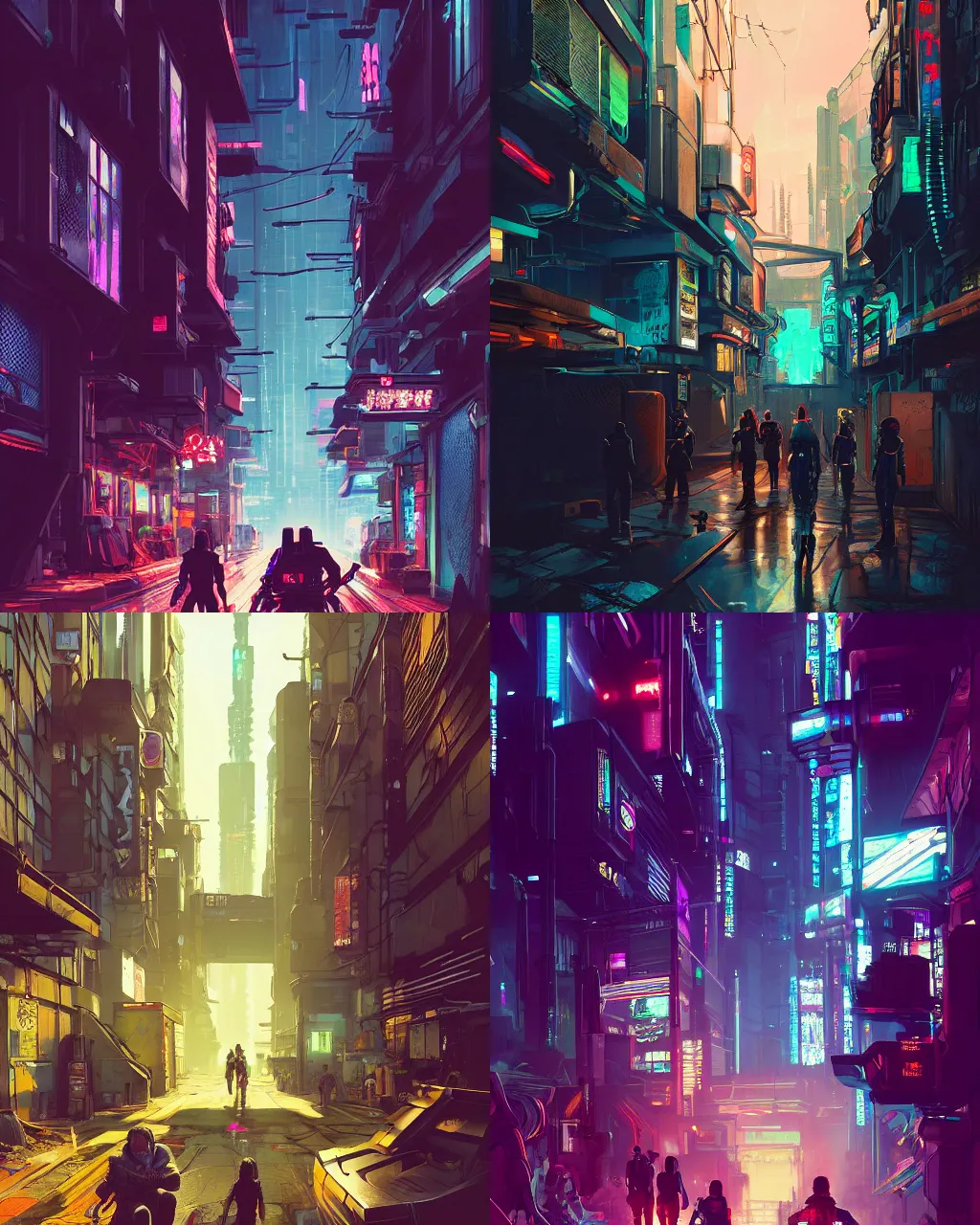 Prompt: a beautiful concept art of cyberpunk 2 0 7 7 alleyway and city with people are working on cyber robotics, by alena aenami and studio ghibli, dark night, anime, manga, hyper detailed, vibrant, landscape, 8 k hdr, digital, artstation, cg