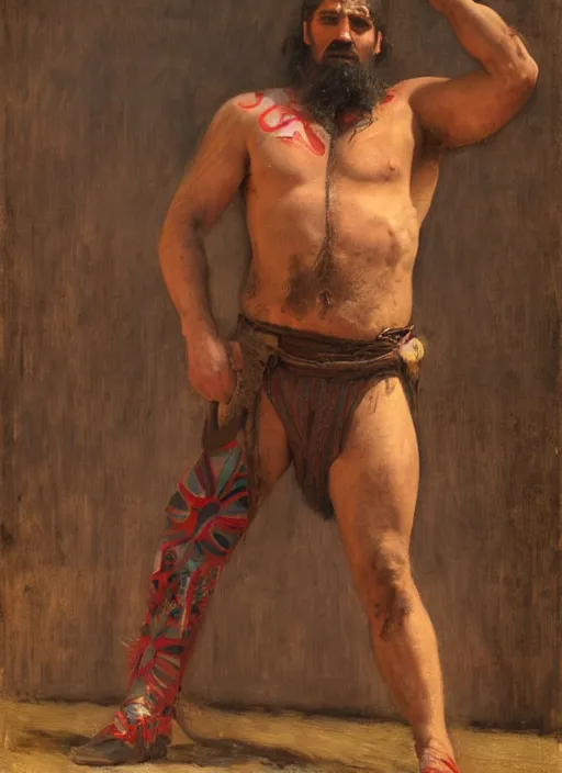 Prompt: Old west circus wrestler (rdr2). Iranian orientalist portrait by john william waterhouse and Edwin Longsden Long and Theodore Ralli and Nasreddine Dinet, oil on canvas. Cinematic, hyper realism, realistic proportions, dramatic lighting, high detail 4k