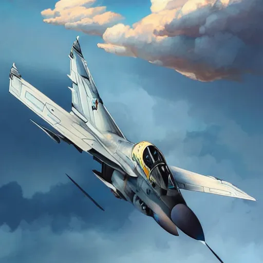 Image similar to Mikoyan MiG-29 flying in the sky, blue sky, white clouds, highly detailed, digital painting, artstation, concept art, sharp focus, illustration, art by artgerm and greg rutkowski and alphonse mucha