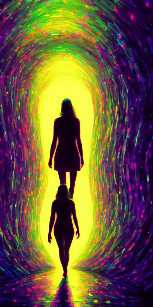 Image similar to a beautiful painting of a person walking out of a stargate by sylvain sarrailh 8 k particulate neon light film grain