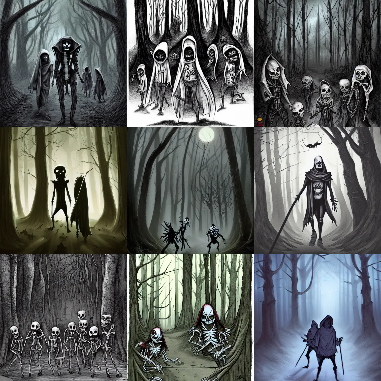 Prompt: a lot of scary skeletons with hoodies walking in a forest at night, dnd, dramatic, fantasy art