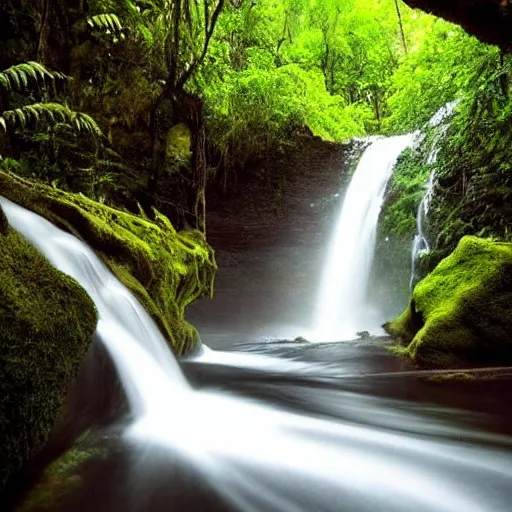 Image similar to beautiful waterfalls deep in the jungle, impressive, profound, natural lighting,