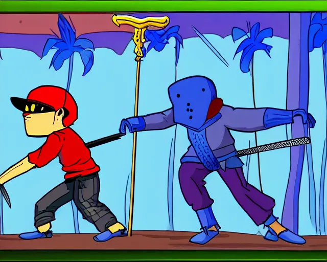 Image similar to screenshot of a crips gang member in the two dimensional cartoon web browser game swords and sandals ( 2 0 0 5 ), adobe flash player, high quality