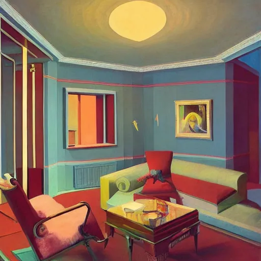 Image similar to art deco living room, open ceiling, highly detailed, very coherent, painted by Francis Bacon and Edward Hopper, Wayne Barlowe, painted by James Gilleard, surrealism, airbrush, art by JamesJean