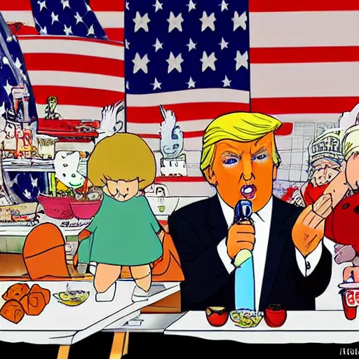 Image similar to donald trump feeding the homeless in the style of studio ghibli