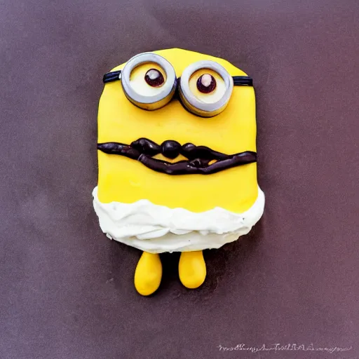 Image similar to an edible minion made out of cheez whiz, olives, and whipped cream, food photography