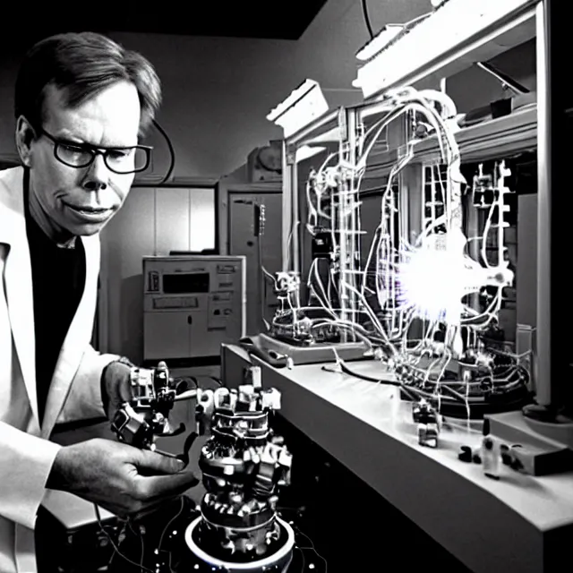 Prompt: a photo of bob lazar fixing alien fusion micro - reactor in lab inside area 5 1, cinematic lighting, detailed symmetrical face, photorealistic, highly detailed