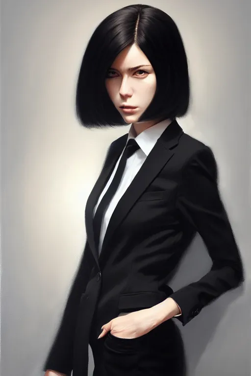 Prompt: a ultradetailed beautiful portrait panting of a stylish woman wearing a black loose fit suit with a tie, oil painting, by ilya kuvshinov, greg rutkowski and makoto shinkai, trending on artstation