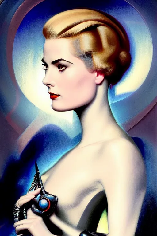 Image similar to beautiful evil cybernetic grace kelly by steichen in the style of a modern tom bagshaw, alphonse muca, victor horta, gaston bussiere. anatomically correct. extremely lush detail. masterpiece. melancholic scene infected by night. perfect composition and lighting. sharp focus. high contrast lush surrealistic photorealism. sultry expression.