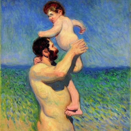 Image similar to a man carrying his child over his shoulders walking near the beach, anatomically correct, painting by monet, masterpiece