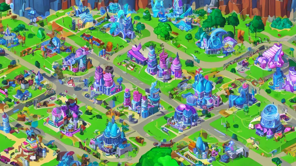 Image similar to Isometric view of bustling Manehattan, screenshot from Hasbro\'s newest mobile game based on My Little Pony: Friendship is Magic