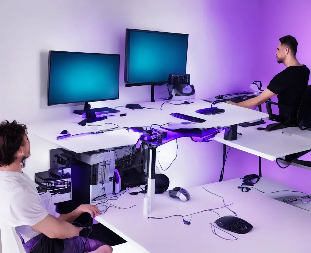 Prompt: a guy sitting on a blue ikea chair in front of a wall mounted monitor and a purple rgb keyboard and mouse on a white desk mounted to a white wall, the monitor also has purple backlighting and left to the guy is a purple RGB lighten gaming pc sitting on a white next table. From an view from behind the guy.