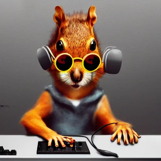 Prompt: an anthropomorphic squirrel dj wearing headphones and colored sunglasses, stadning at a dj table playing techno music, concept art, digital art, oil painting, by wlop