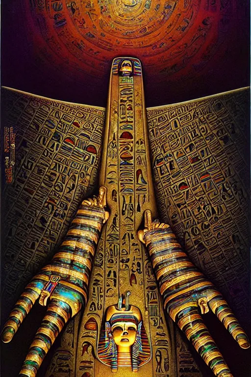 Prompt: a hyperrealistic painting of a ancient egyptian mummies tomb with magical iridescent scarabs and embellished ornate old statues walls of hieroglyphics, cinematic horror by chris cunningham, lisa frank, richard corben, highly detailed, vivid color, beksinski painting, part by adrian ghenie and gerhard richter. art by takato yamamoto. masterpiece