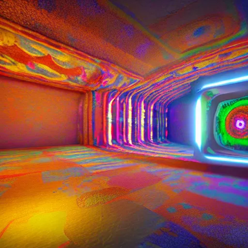 Image similar to underground cinema, realistic architecture, colorfull lights, octane render, 4k, 8k, fractals, psychedelic