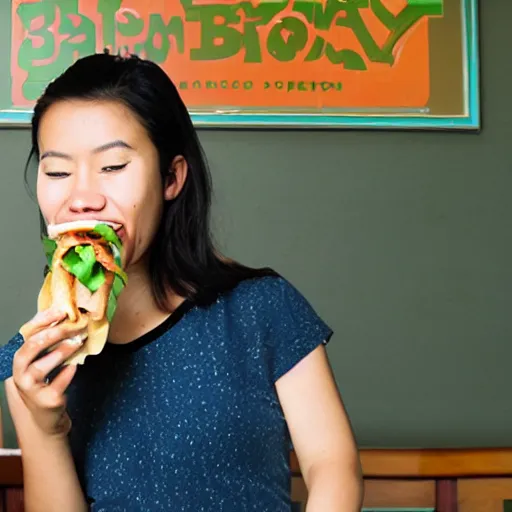 Prompt: “ asian girl eating a subway footlong bacon sub sandwich ”