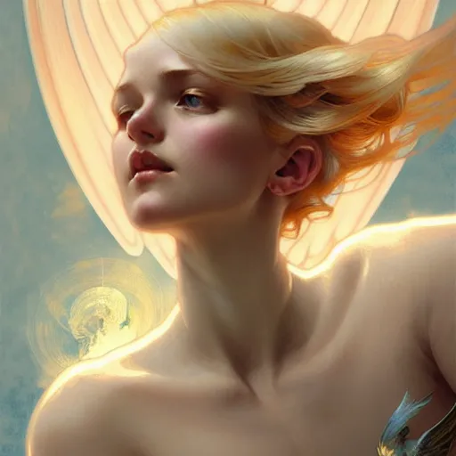 Image similar to Angel girl with blonde hair and glowing halo, wings, fantasy, intricate, elegant, highly detailed, digital painting, artstation, concept art, smooth, sharp focus, illustration, art by Krenz Cushart and Artem Demura and alphonse mucha