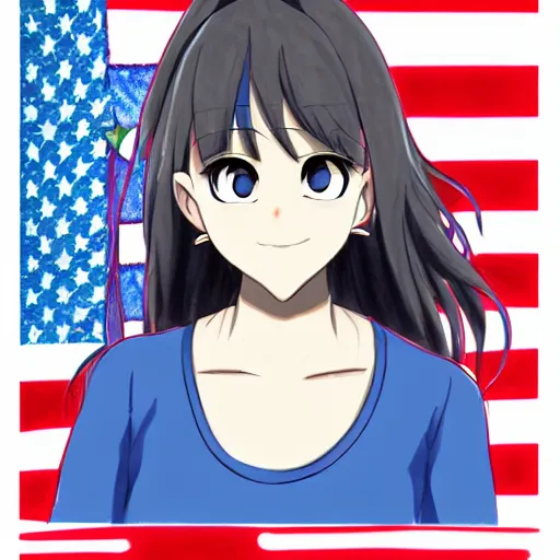 Image similar to a woman in a blue shirt with a american flag on her face, an anime drawing by ei - q, featured on pixiv, superflat, flat colors, commission for, anime