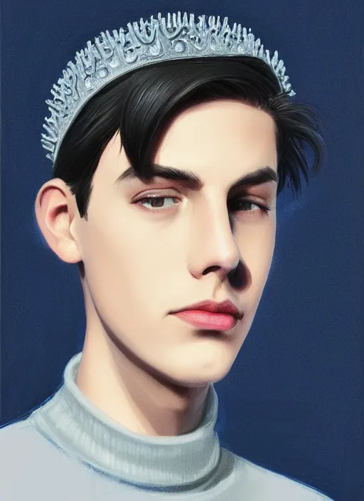 Image similar to portrait of teenage jughead jones wearing a light grey crown, crown, blue turtleneck, 1 9 5 0 s, closed eyes, photorealistic, black hair, glowing lighting, intricate, elegant, glowing lights, highly detailed, digital painting, artstation, concept art, smooth, sharp focus, illustration, art by wlop, mars ravelo and greg rutkowski