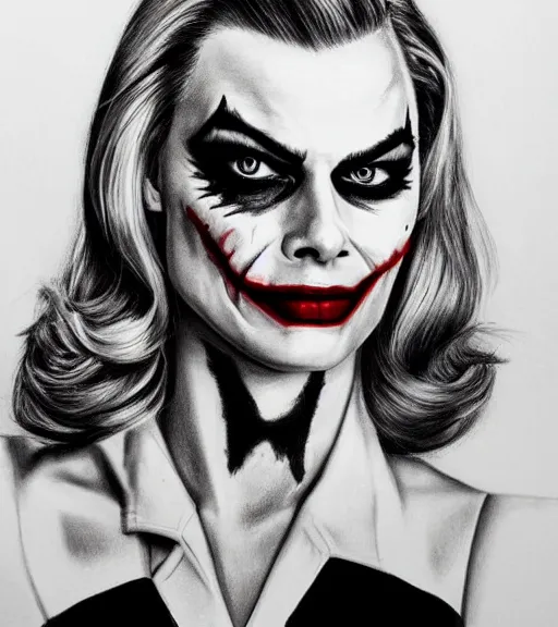 Image similar to margot robbie smiling portrait with joker makeup, black and white realism drawing, realistic face, beautiful eyes, highly detailed