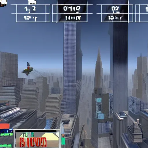 Image similar to a screenshot from the video game super 9 / 1 1, in which players control planes and intend to hit as many towers as possible