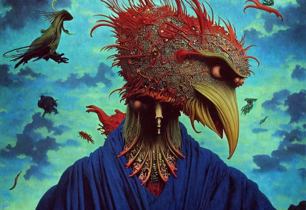 Image similar to realistic detailed portrait movie shot of a birdman wearing black robes, sci fi landscape background by denis villeneuve, amano, yves tanguy, alphonse mucha, ernst haeckel, max ernst, roger dean, masterpiece, rich moody colours, snarling dog teeth, blue eyes