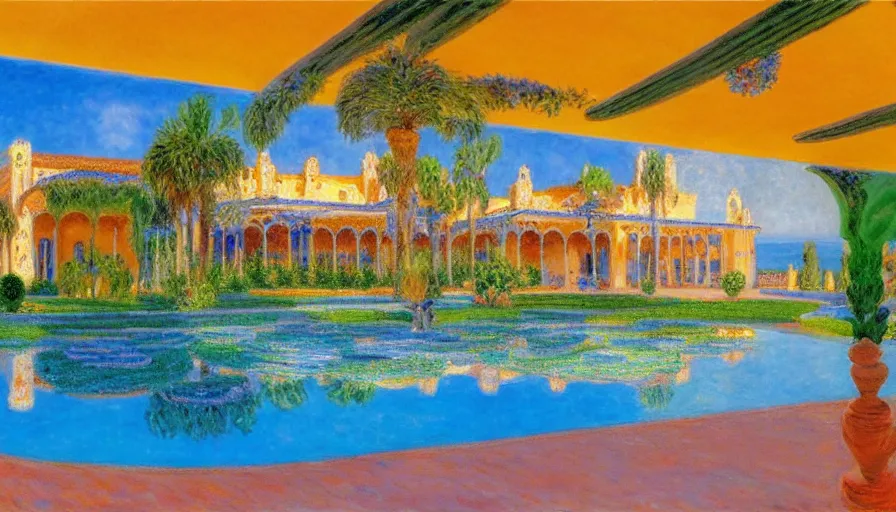 Image similar to a 1 9 9 8 southern spain palace!!! costa blanca, designed by claude monet, bispo do rosario, arnold bocklin, tarsila do amaral and gustave baumann, cheval michael, warm, mediterranean, star, sharp focus, colorful refracted sparkles and lines, soft light, 8 k 4 k