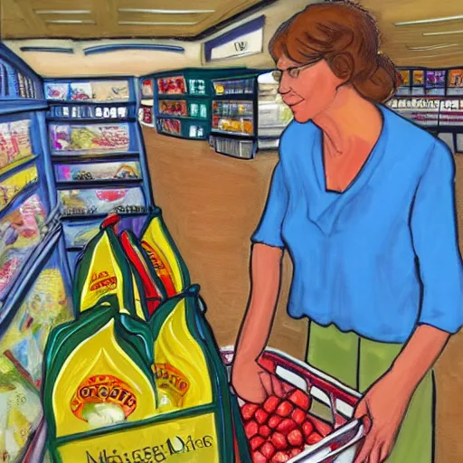 Prompt: hyperrealistic My fourth grade teacher Mrs Collins bagging groceries in the summer, high detail, dreamlike