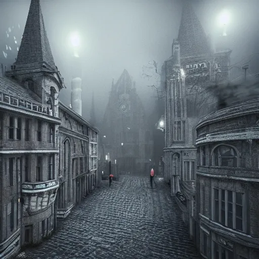 Image similar to haunted gothic horror lovecraftian city, swirling smoke and mist, ultrarealistic, intricate detail, finely detailed, small details, extra detail, high resolution, volumetric lighting, octane render, 8 k