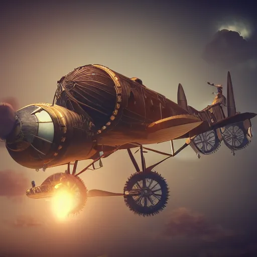 Image similar to steampunk airplane supperrealistic, artstation, fantasy, 4k, octane render, cinematic lighting, anamorphic lens flare, post processing, concept art