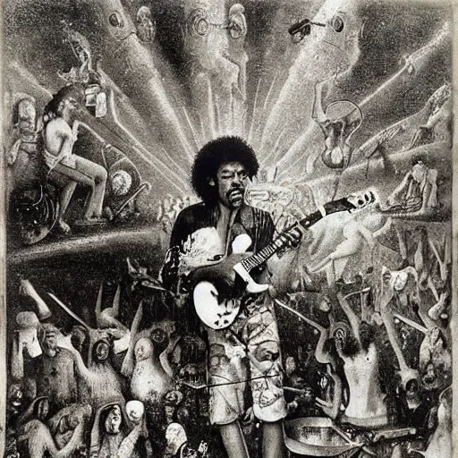 Image similar to jimy hendrix at woodstock by hieronymus bosch