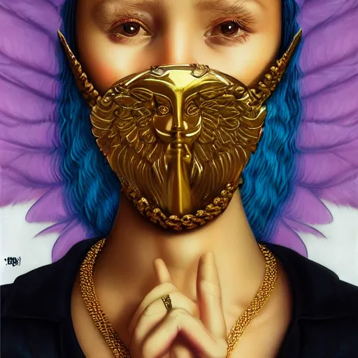 Image similar to Lofi vaporwave portrait baby cherub angel, ski mask, balaclava, face covered, Gucci, Nike, Chanel, multiple gold chains, Pixar style, Tristan Eaton, Stanley Artgerm, Tom Bagshaw