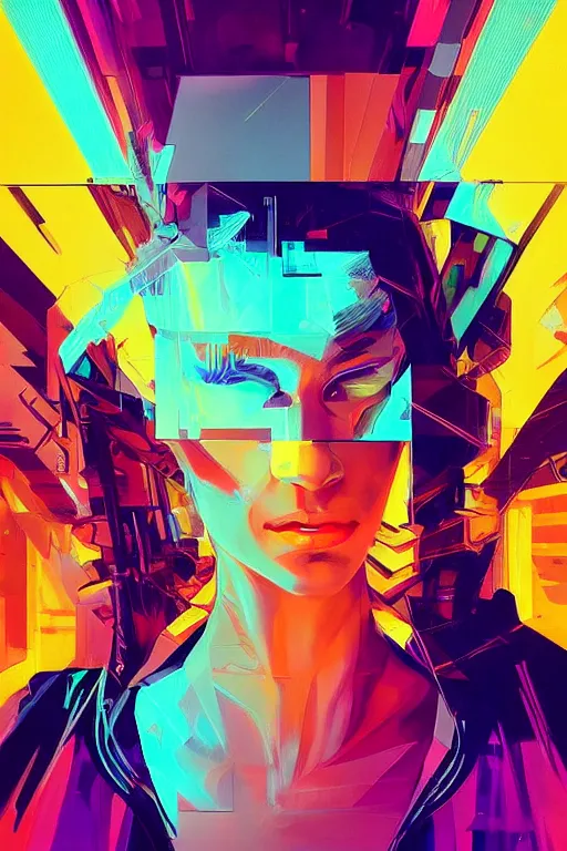Prompt: portrait, digital painting, an beautiful, crazy hacker girl, lost in code, synthwave, glitch!!, fractured reality, mirrors, realistic, hyperdetailed, golden hour, concept art, art by syd mead