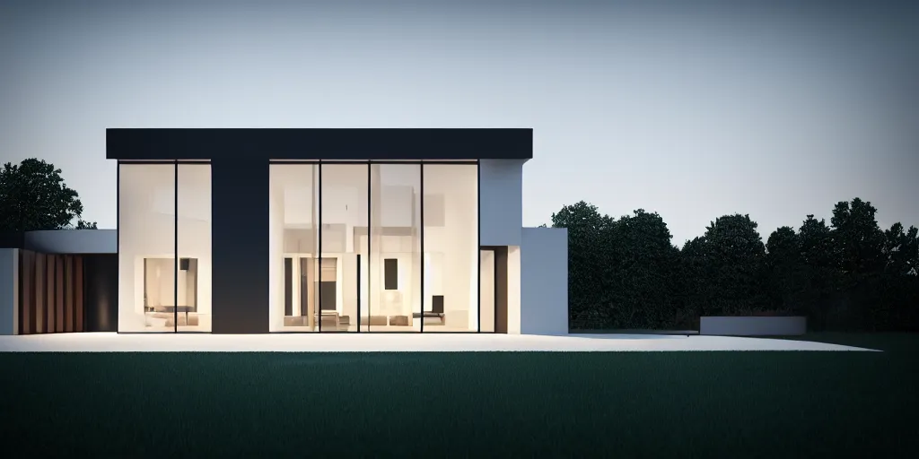 Image similar to A beautiful realistic architectural rendering of a modern minimalistic house with a mysterious glow emitting from inside, by octane render and corona render