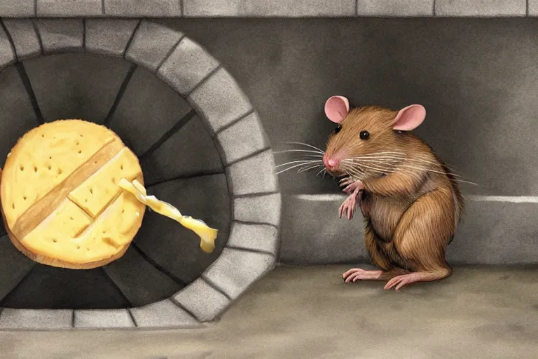 Prompt: a giant creepy rat eating cheese in a sewer, photo - realistic, hyper realism,