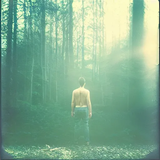 Image similar to square polaroid photo of a guy with standing in a dark fantasy forest, back view, lens flare, moody lighting, moody vibe, telephoto, 9 0 s vibe, blurry background, grain, tranquil, calm, faded!,