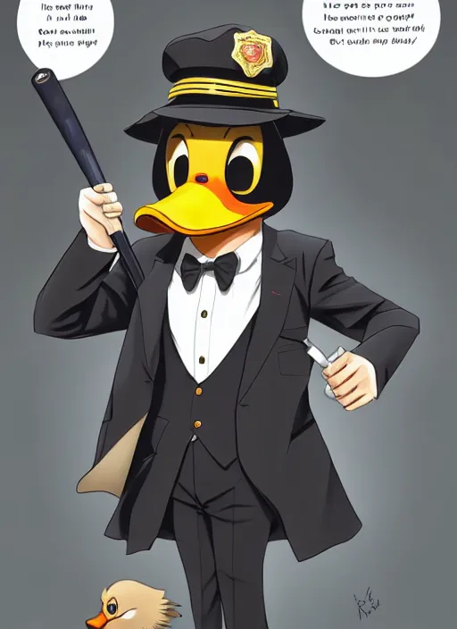 Image similar to commissioned full body portrait of a male anthro duck fursona with a duck head wearing a nice black suit and a fedora holding a baseball bat sitting on the hood of a police patrol car in a baseball stadium, by a professional manga illustrator, Stanley Artgerm Lau, WLOP, Rossdraws, James Jean, Andrei Riabovitchev, Marc Simonetti, and Sakimichan, trending on artstation