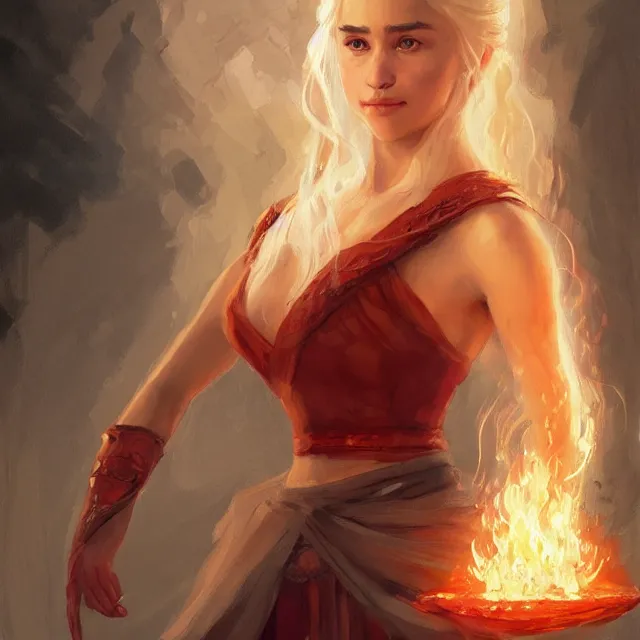 Image similar to daenerys targaryen as a firebender, portrait, elegant, intricate, digital painting, artstation, concept art, smooth, sharp focus, illustration, art by konstantin korovin and daniel f. gerhartz and john howe