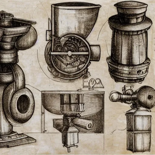 Image similar to various sketches of a mechanical coffee grinder in the style of leonardo da vinci, ultra detailed, scribbles, technical drawing, engineering blueprints