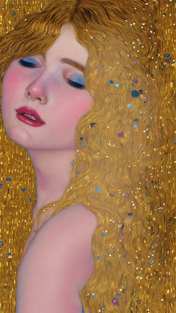 Prompt: a soft and breathtaking detailed painting of a full body sleeping blonde princess in the style of Gustav Klimt, blonde hair, shiny gold, elegant, highly detailed, artstation, fluo colors, concept art, matte, sharp focus, art by Gustav Klimt