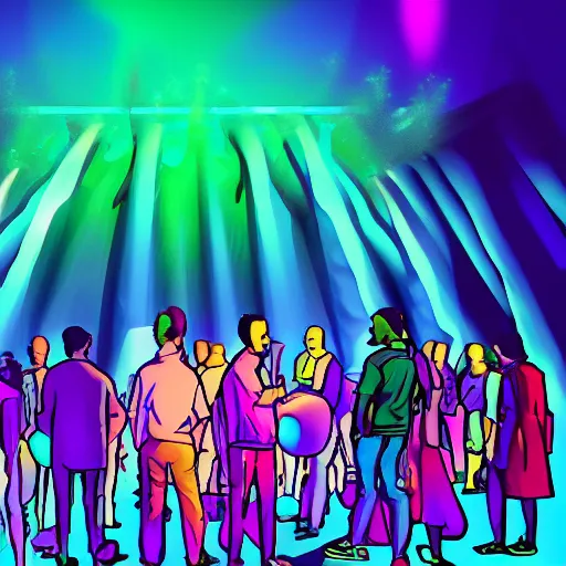 Image similar to cartoon, vaporwave, people communicating with each other in groups of ten, a large hall, dim painterly lighting volumetric aquatics, disco party