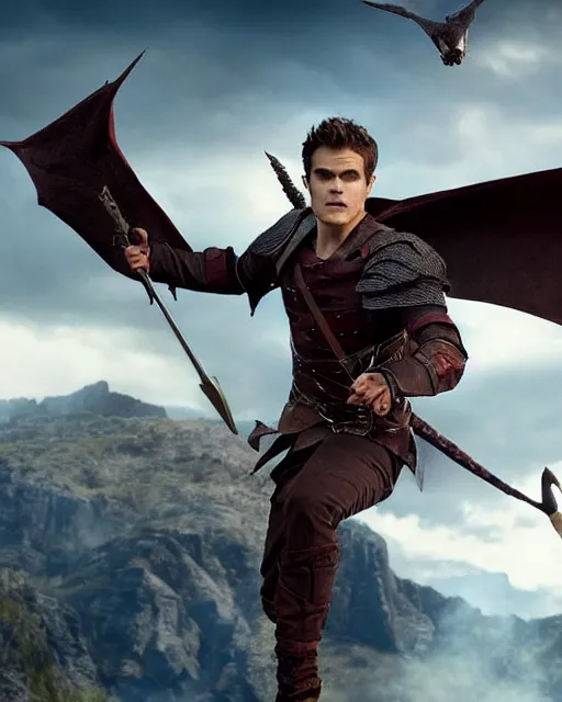Image similar to Actor Paul Wesley As an Elf Ranger riding a giant Battle Eagle as it soars over the Mountains of Mordor,photorealistic, cinematic