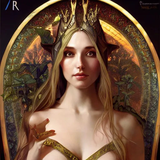 Prompt: a oil painting of a elven queen, cute, fantasy, intricate, elegant, highly detailed, centered, digital painting, artstation, concept art, smooth, sharp focus, illustration, art by artgerm and h r giger and alphonse mucha