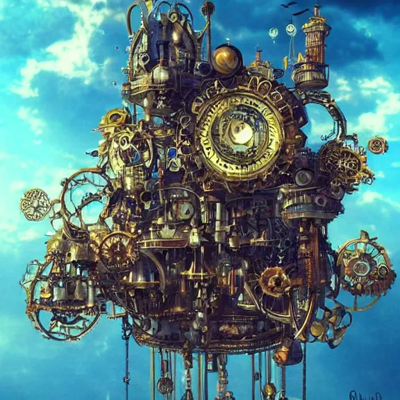 Image similar to flying city in a mechanical flower, sky!, fantasy art, steampunk, masterpiece, behrens style